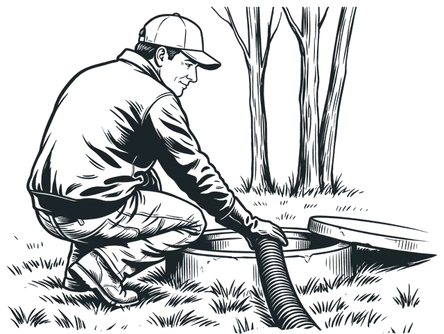 Engraving: a septic worker in a ball cap and work jacket, in profile, watching a hose run into a tank riser