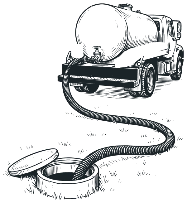 Engraving: the rear of a septic pump truck, with the hose connected from the valve to an open tank riser
